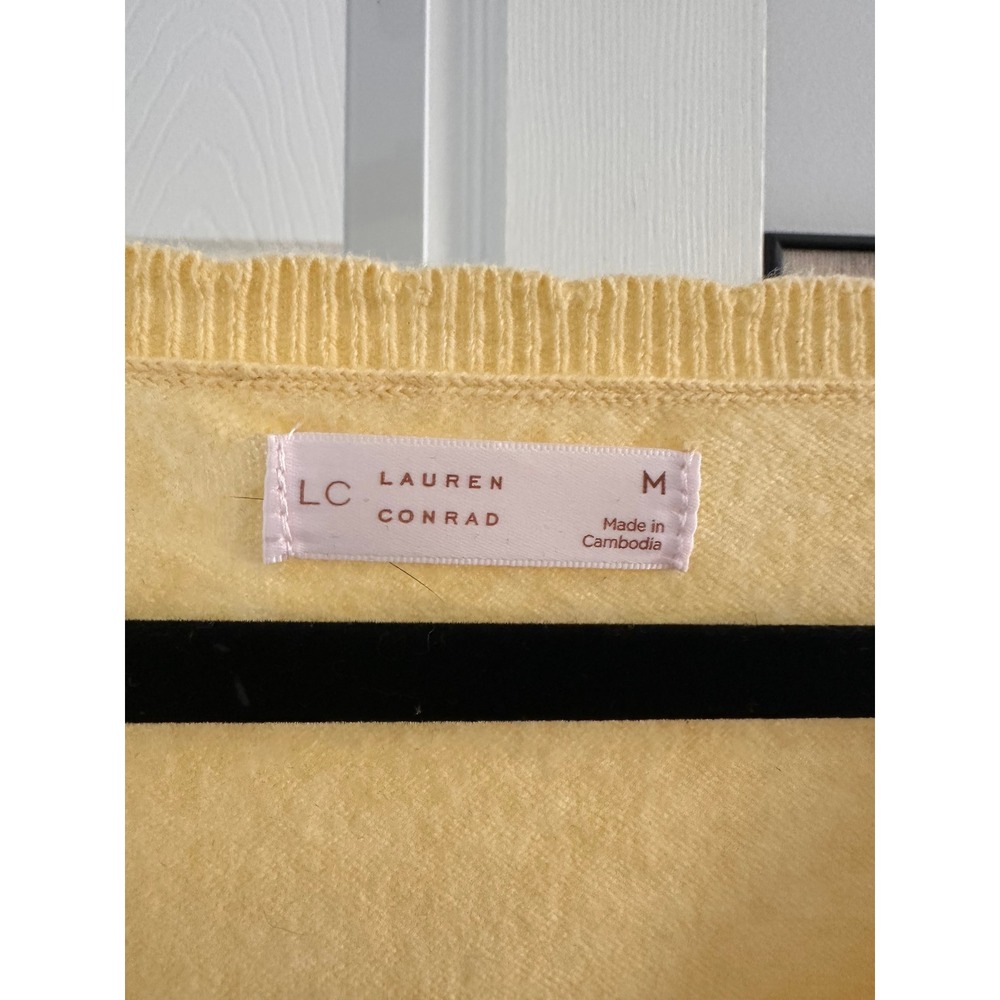 Lauren Conrad Yellow V-Neck Puff Sleeve Pointelle Knit Sweater Top Womens Medium - Picture 3 of 8